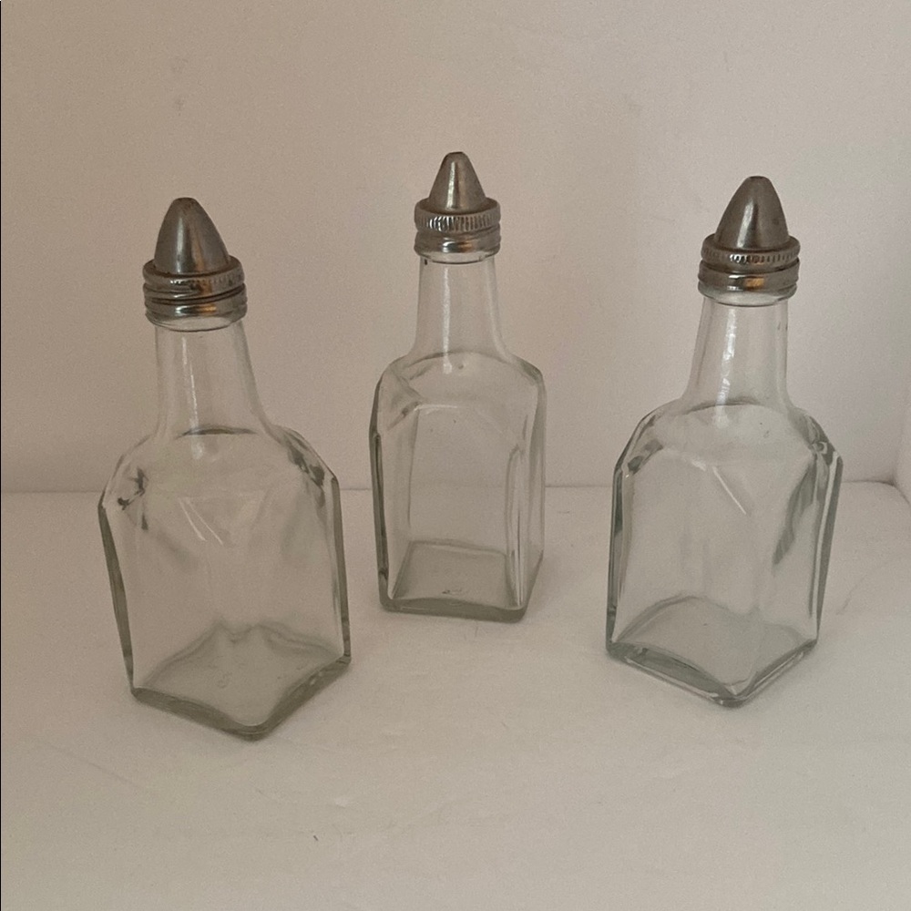 Gemco Cruet Clear Glass Oil & Vinegar 3 Bottles Stainless Steel Caps 6”